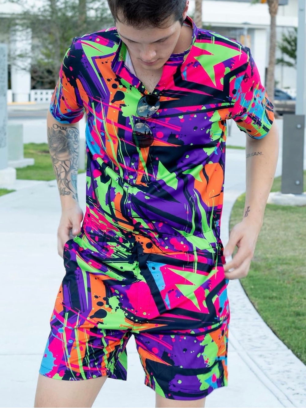 Vibrant Neon Abstract Two-Piece Shirt & Short Set